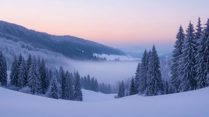 Naklejka premium serene winter mountain landscape at dawn snowladen evergreens frame a misty valley pastel sky reflects on untouched snow crisp details in foreground fade to atmospheric distance