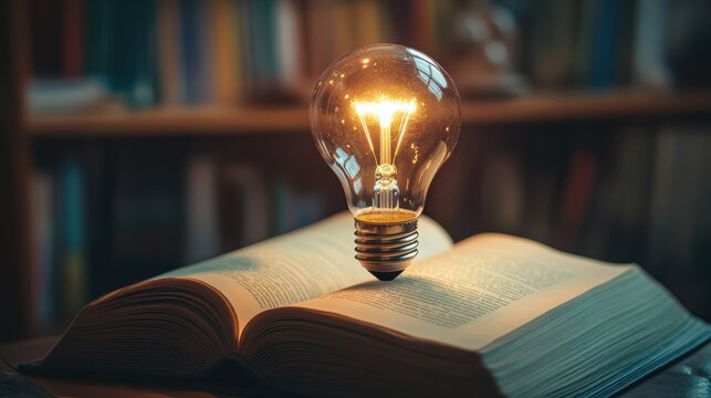 light bulb glowing on book, idea of inspiration from reading, innovation idea concept, Self learning or education knowledge and business studying concept.