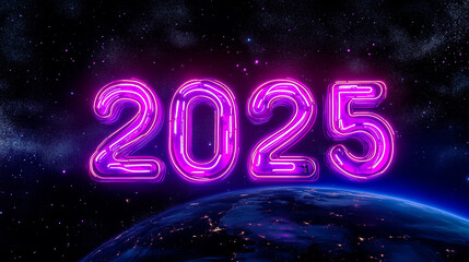 Festive pink neon numbers 2025 on the background of the planet, in space. Abstract banner on New Year's Eve, cover. New Year background, greeting card