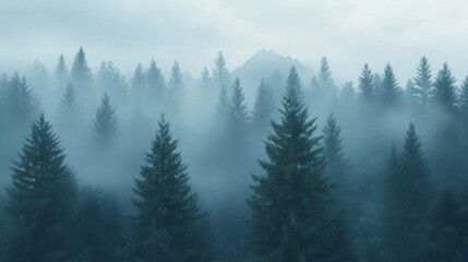 Obraz premium Misty landscape with fir forest in vintage retro style. Generative AI