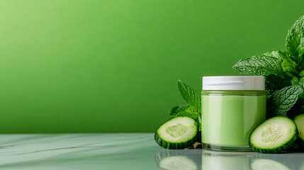 A jar of cucumber juice is on a table next to cucumber slices. Concept of freshness and health, as cucumbers are known for their hydrating and detoxifying properties