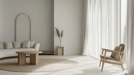 Fototapeta premium Cozy modern living room with natural light and minimalist furniture during daytime