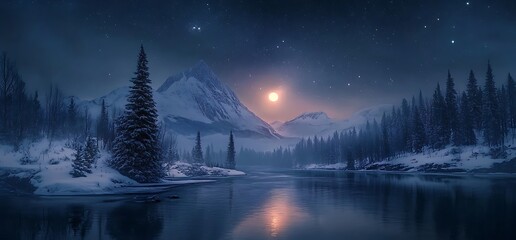 Snowy mountains, a frozen lake, and a full moon create a magical winter scene.
