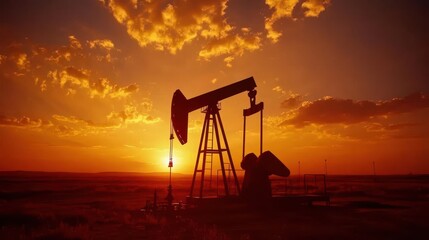 Naklejka premium silhouette of oil pump jack against fiery orange sunset sky dramatic clouds frame industrial scene symbolizing energy production and resource extraction