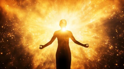 Obraz premium silhouette of person in worship pose radiant light beams ethereal atmosphere spiritual energy swirls minimalist yet powerful composition conveying reverence and connection