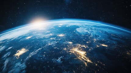 Fototapeta premium Panoramic view on planet Earth globe from space. Glowing city lights, light clouds. Generative AI