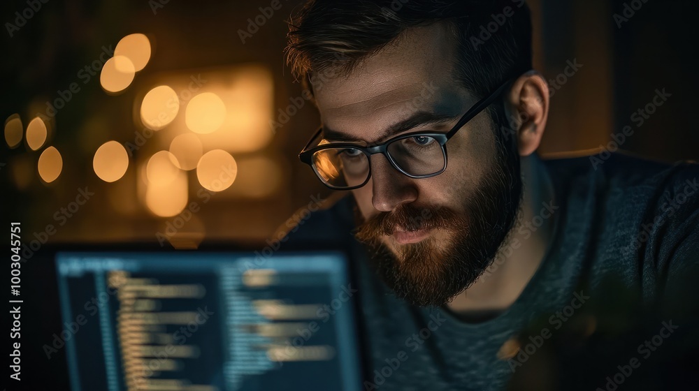 Poster programmer coding on a laptop in the dark , man with glasses and a beard behind his laptop in the ev