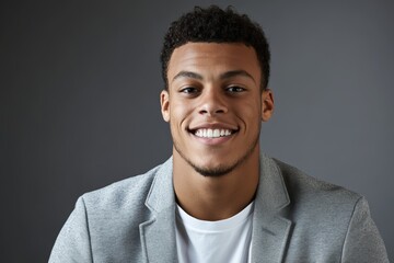 Obraz premium A young man wearing a gray blazer and white shirt smiles confidently, showcasing a professional demeanor in a studio setting