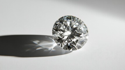 Sparkling brown diamond gemstone casting a shadow on a white background under natural light