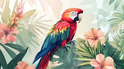 Fototapeta premium Vibrant red and blue parrot perched among tropical flowers in a lush jungle setting