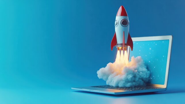 Rocket coming out of laptop screen, blue background. AI digital illustration