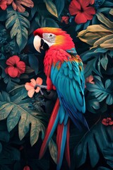 Obraz premium Vibrant macaw perched on blooming flowers in a lush tropical setting under soft lighting