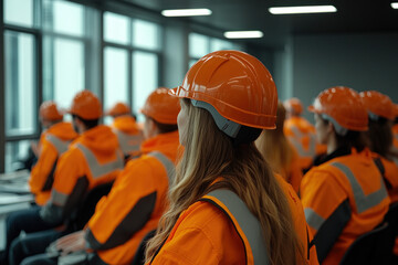 A workplace setting showing employees engaged in HSE training sessions, focusing on hazard identification, safety equipment usage, and environmental sustainability