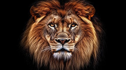 A close-up of the muzzle of an adult lion with a golden mane and yellow eyes. The predator stares straight into the camera. Natural background. Illustration for cover, card, interior design, etc.