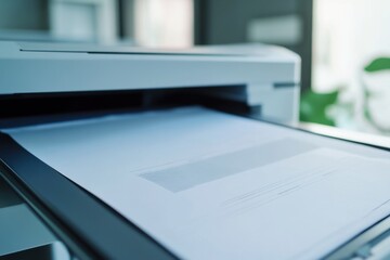 Fototapeta premium A close up view of a document being printed in a modern office setting during the day