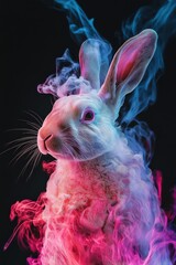 Colorful rabbit surrounded by vibrant smoke in artistic display of creativity and imagination
