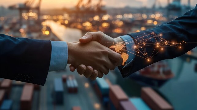 Smart logistics Global business concept. Businessman making handshake for successful business investment deal teamwork and partnership business partners on logistic global network and supply chain