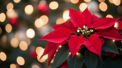 Festive poinsettia blooms near twinkling holiday lights during winter celebration