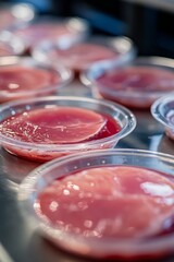 Freshly prepared pork chops garnished with herbs in transparent containers at a meat market