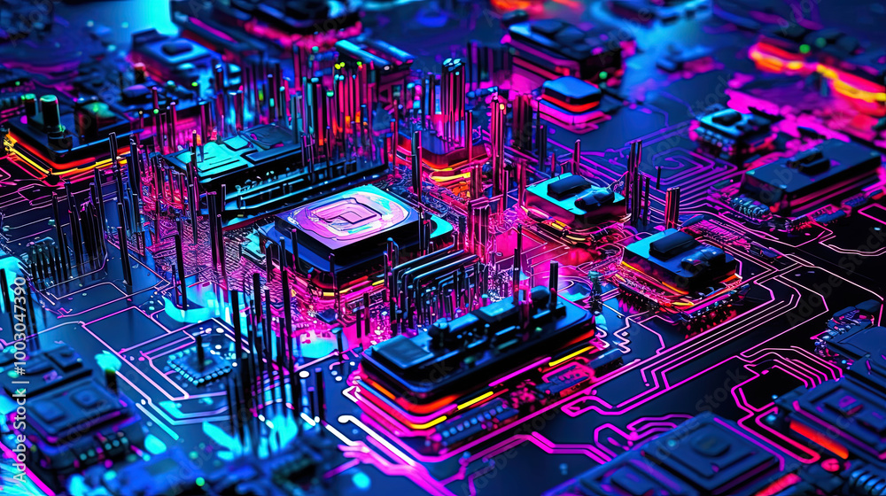 Poster motherboard with chips and connections in purple and blue neon lights. technology background with mi