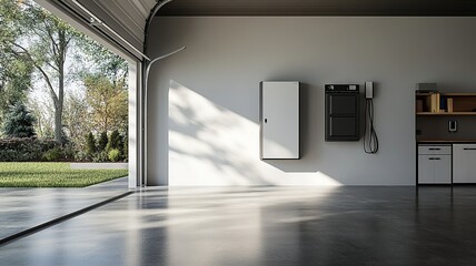 Illustration of home battery packs mounted on the wall of a sleek, modern garage, representing an alternative electric energy storage system focused on backup power
