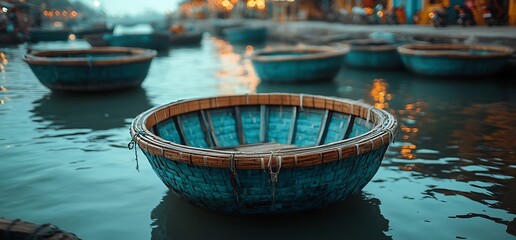 Fototapeta premium Blue round boats on still water in a harbor.