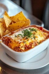 Delicious homemade lasagna served with tortilla chips and fresh tomatoes on a wooden table