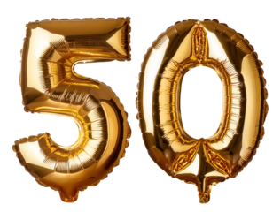 Gold mylar balloons with the number 50 isolated on white or transparent background