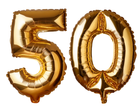 Gold mylar balloons with the number 50 isolated on white or transparent background  - Powered by Adobe