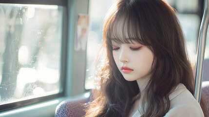 Asian teen woman sitting alone in a bus with sadness expression