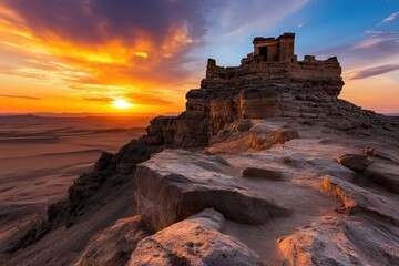 An awe-inspiring image of a mysterious ancient ruin perched atop a rocky hill, bathed in the captivating glow of the setting sun with colorful sky hues.