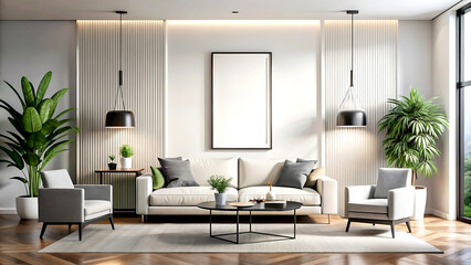 Fototapeta premium Home Vertical black frame mockup mockup, white luxury minimalist living room interior, 3d render