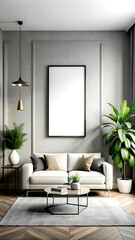 Home Vertical black frame mockup mockup, white luxury minimalist living room interior, 3d render