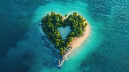 Tropical Island in the Shape of a Love Heart. Aerial View, Travel Concept. Generative AI.