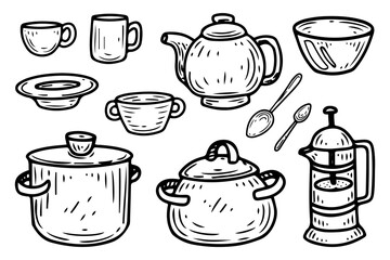 Cooking utensils set hand drawn doodle. Mug, plate, bowl, saucepan, spoon, teapot, coffee pot. Drink beverage. Eat food. Tableware. Kitchenware. Dining table. Vector sketch line art illustration.