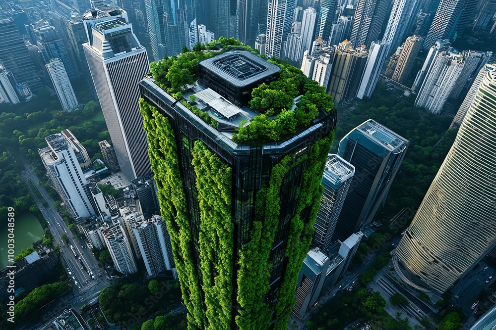Poster futuristic architecture with vertical forests and green walls, demonstrating a cityâ€™s commitment t