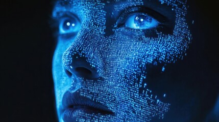 Naklejka premium Vibrant blue face illuminated by glowing digital code with VHS distortion on a dark canvas