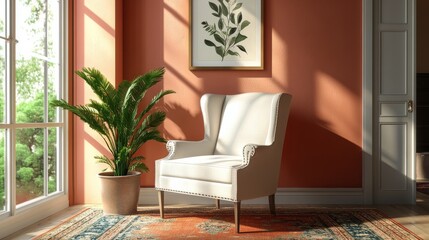 Fototapeta premium Cozy corner with a white wingback chair and a potted plant in a sunlit room