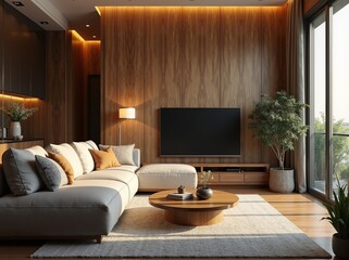 Modern living room with stylish TV setup, cozy seating, warm wood accents in serene environment