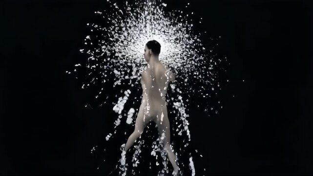 A silhouette of a person disintegrating into particles.. AI Generation