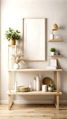 Interior wall mockup close up in neutral minimalist scandi style with decor on shelf, 3d render, white Mock up frame