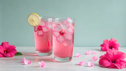 Hibiscus lemonade with flowers and lemon slices on blue background