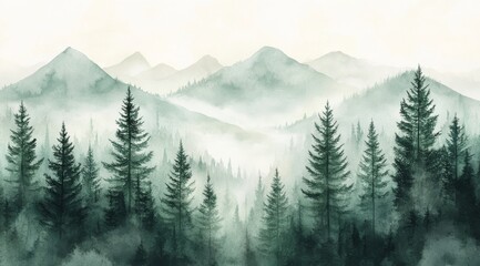Fototapeta premium A misty forest landscape showcasing tall evergreen trees surrounded by fog at dawn