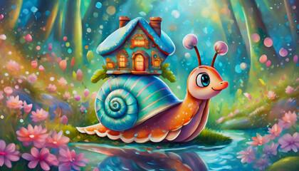 oil painting style cartoon character illustration  The snail with a house on a shell on its back