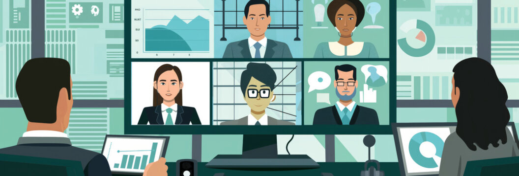 Worldwide communication by business using video conference application. Staff members engaged in virtual meeting event with partners, investors or international colleagues. Briefing, app, modern tech