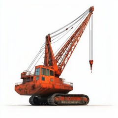 An orange construction crane on a white background, showcasing heavy machinery and industrial design for construction projects, white background