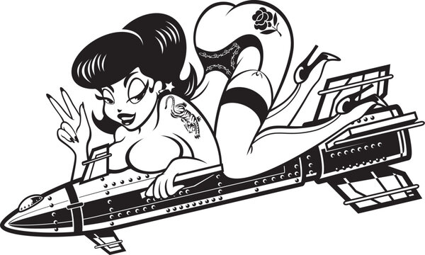 1950 Pinup style woman riding on a missile