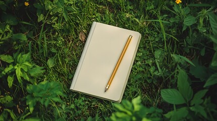 A blank notebook and a yellow pencil resting on lush green grass, inviting creativity and reflection in a natural setting.