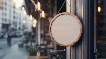 A blank wooden sign hanging outside a cafe, perfect for branding or signage in a cozy urban setting.