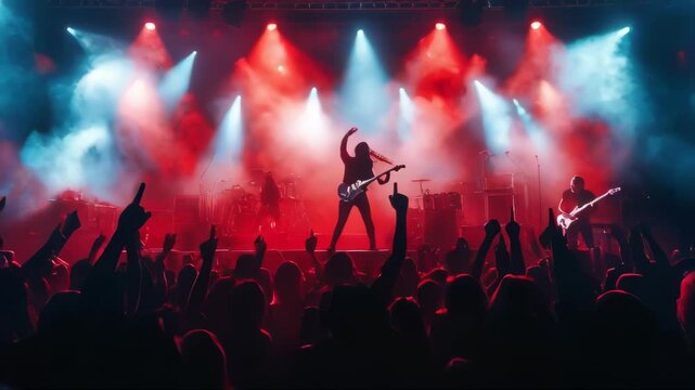 A rock band performs on stage with the lead singer and a guitarist.. AI Generation